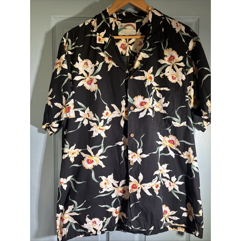 Paradise Found Hawaiian Mens Shirt Orchids Black Aloha 100% Cotton Pocket Sz L